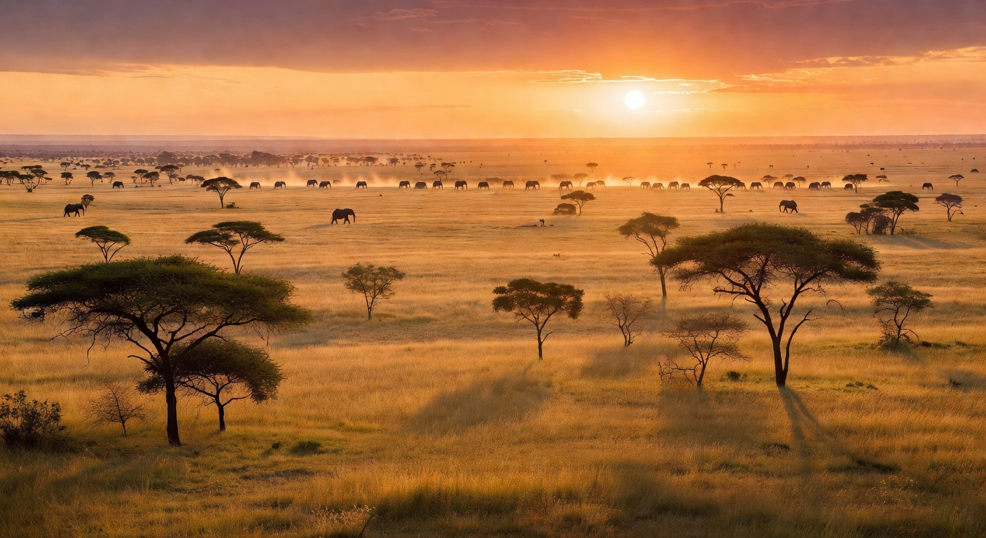 Distant elephant herd roaming the natural savannah landscape
